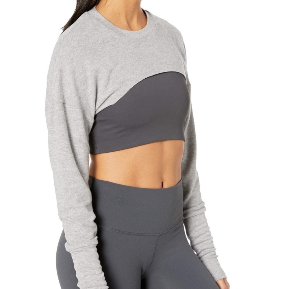 ALO Yoga Grey Cropped Pullover Sweater with Charcoal Panel